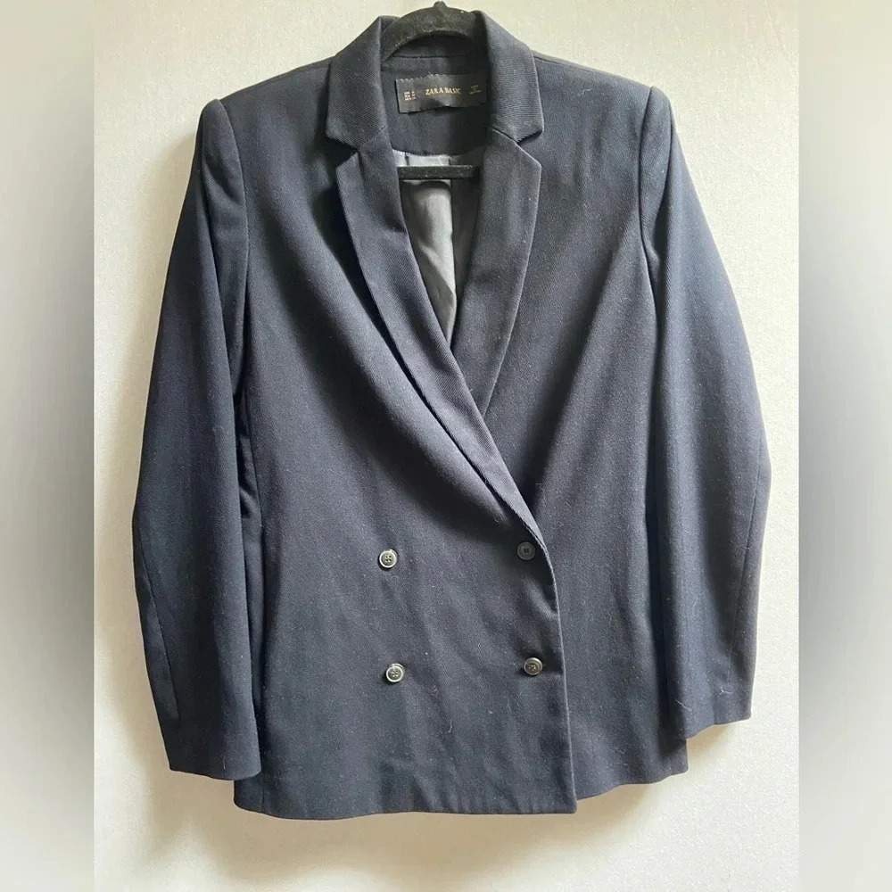 Zara Basic Oversized Black Double Breasted Blazer Shoulder Pads Size M